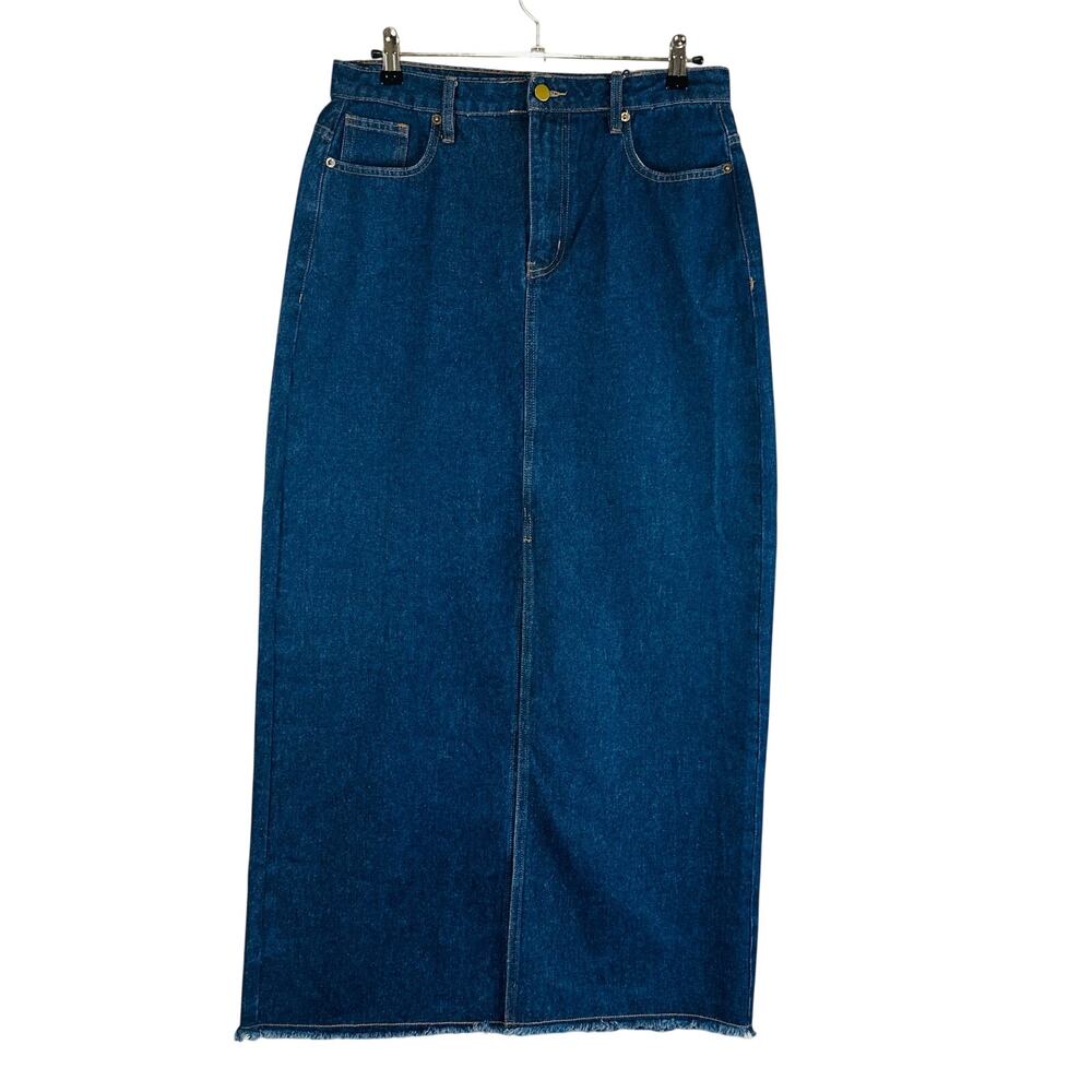 Cider Womans Sz XL Denim Skirt Blue Pockets Dark Wash Front Slit Long